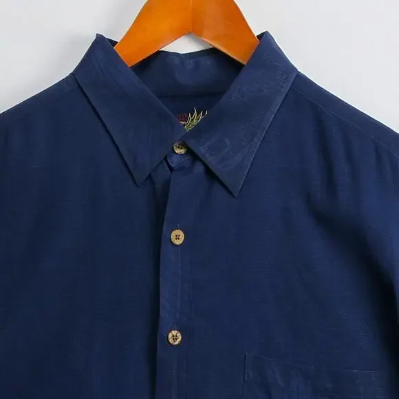 Caribbean 100% Silk Shirt Mens XL Navy Palm Textured Tropical Short Sleeve - Picture 2 of 11